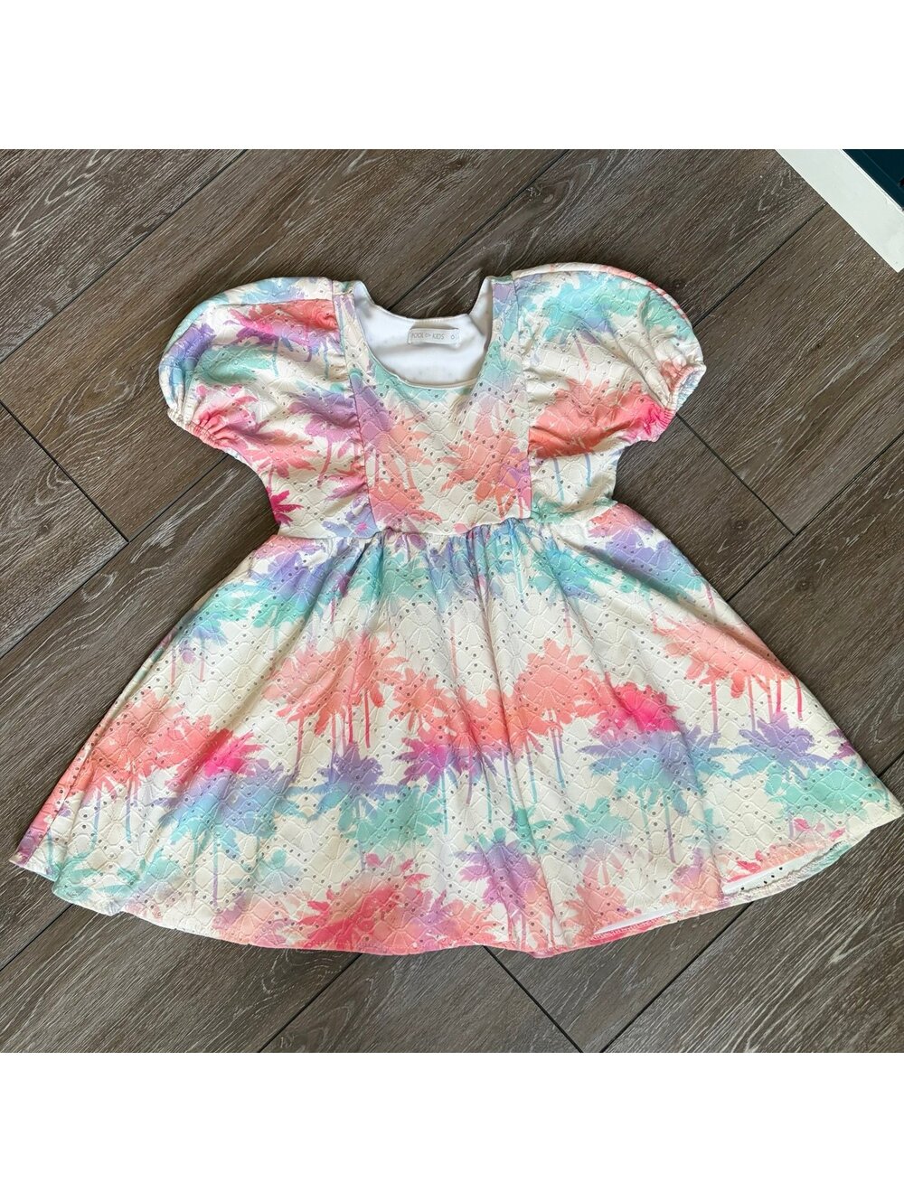 Pool Kids Watercolor Eyelet Puff Sleeve Party Dress